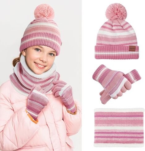 Kids Winter Hat Gloves Scarf Set: Girls Boys Beanie Hats Gloves Knit Set with Thick Warm Fleece Lined For Ages 6-10 Children in Saudi Arabia