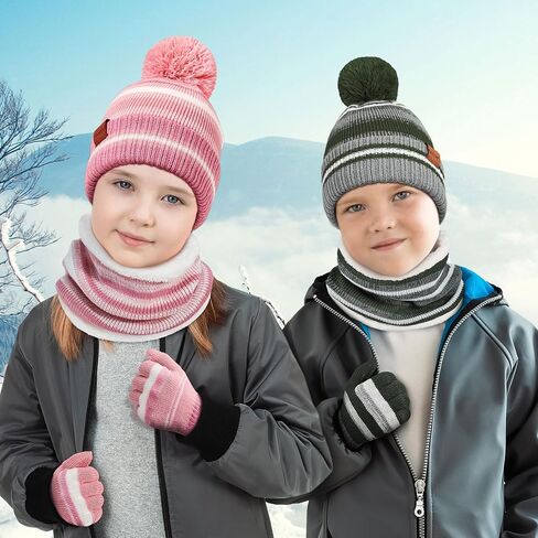 Kids Winter Hat Gloves Scarf Set: Girls Boys Beanie Hats Gloves Knit Set with Thick Warm Fleece Lined For Ages 6-10 Children in Saudi Arabia
