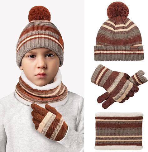 Kids Winter Hat Gloves Scarf Set: Girls Boys Beanie Hats Gloves Knit Set with Thick Warm Fleece Lined For Ages 6-10 Children in Saudi Arabia