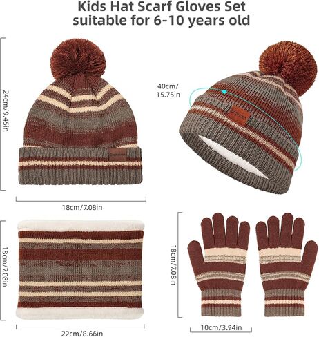 Kids Winter Hat Gloves Scarf Set: Girls Boys Beanie Hats Gloves Knit Set with Thick Warm Fleece Lined For Ages 6-10 Children in Saudi Arabia