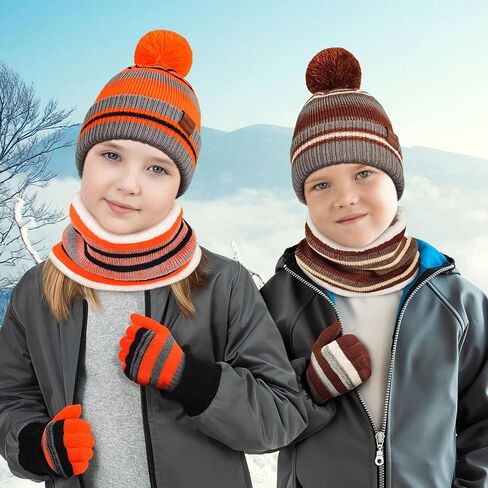 Kids Winter Hat Gloves Scarf Set: Girls Boys Beanie Hats Gloves Knit Set with Thick Warm Fleece Lined For Ages 6-10 Children in Saudi Arabia