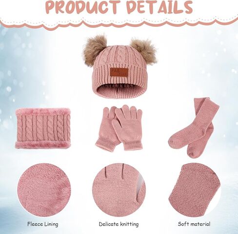 Fuyamp 4 Pcs Kids Winter Hat Scarf Gloves Socks Set,Knitted Beanie Hat,Thick Fleece Lined Scarf,Snow Gloves,Coral Fleece Socks,Toddler Winter Soft Warmer Set for Girls 1-10 Years in Kuwait