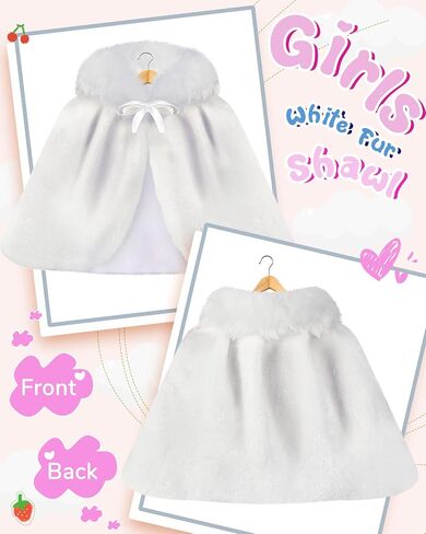 2 Pcs Flower Girls Wrap Shawl Faux Fur Girls Princess Shoulder Cape Wedding Bridesmaid Tippet Stole Faux Fur Bolero Shrug for Wedding Birthday Costume Party Evening Dress up White in Saudi Arabia