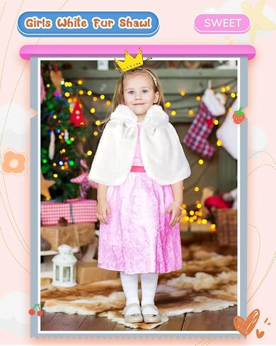 2 Pcs Flower Girls Wrap Shawl Faux Fur Girls Princess Shoulder Cape Wedding Bridesmaid Tippet Stole Faux Fur Bolero Shrug for Wedding Birthday Costume Party Evening Dress up White in Saudi Arabia