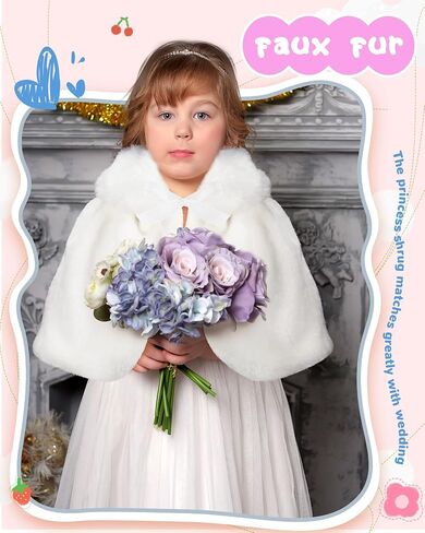 2 Pcs Flower Girls Wrap Shawl Faux Fur Girls Princess Shoulder Cape Wedding Bridesmaid Tippet Stole Faux Fur Bolero Shrug for Wedding Birthday Costume Party Evening Dress up White in Saudi Arabia