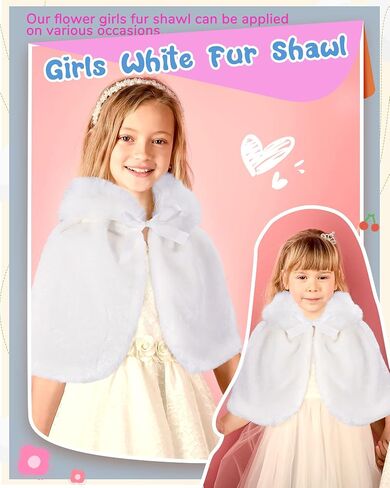 2 Pcs Flower Girls Wrap Shawl Faux Fur Girls Princess Shoulder Cape Wedding Bridesmaid Tippet Stole Faux Fur Bolero Shrug for Wedding Birthday Costume Party Evening Dress up White in Saudi Arabia