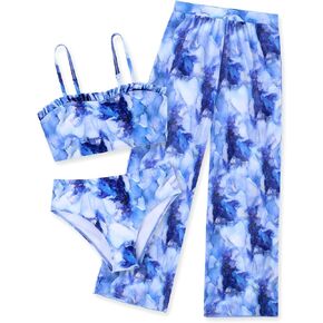 Vogseek 6-12T Girls 3 Pieces Bikini Bathing Suit with Rash Guard Pants Quick Dry Swimwear Cover-Up Sets