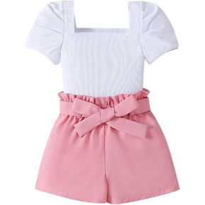 AMMENGBEI طفل صغير فتاة ملابس الصيف ساحة الرقبة نفخة قصيرة الأكمام أعلى Paperbag الخصر مجموعة تي شيرتات قصيرة للأطفال الاطفال 2 قطعة الملابس in Kuwait