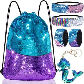 Mermaid Reversible Sequin Drawstring Backpack Christmas Gift Party Bag Headband Keychain Bracelet for Kids Girls Birthday