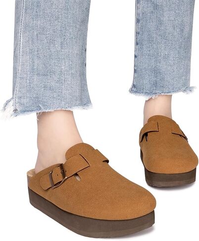 Women's Suede Clogs Cork Footbed Sandals Comfort Platform Mules with Arch Support Adjustable Buckle Slip On Slippers in Saudi Arabia