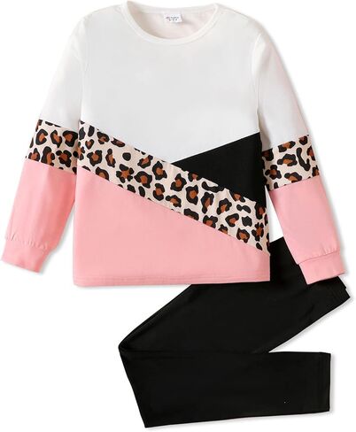 PATPAT Little Girls Clothes Crew Neck Leopard Color Block Sweatshirt and Leggings Girls Outfits Size 4-14Y in Kuwait