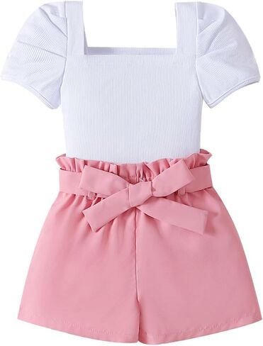 AMMENGBEI طفل صغير فتاة ملابس الصيف ساحة الرقبة نفخة قصيرة الأكمام أعلى Paperbag الخصر مجموعة تي شيرتات قصيرة للأطفال الاطفال 2 قطعة الملابس in Kuwait