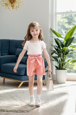 AMMENGBEI طفل صغير فتاة ملابس الصيف ساحة الرقبة نفخة قصيرة الأكمام أعلى Paperbag الخصر مجموعة تي شيرتات قصيرة للأطفال الاطفال 2 قطعة الملابس in Kuwait