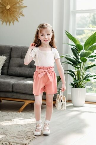 AMMENGBEI طفل صغير فتاة ملابس الصيف ساحة الرقبة نفخة قصيرة الأكمام أعلى Paperbag الخصر مجموعة تي شيرتات قصيرة للأطفال الاطفال 2 قطعة الملابس in Kuwait