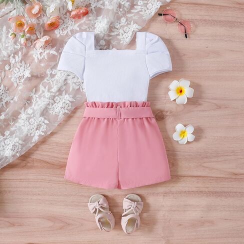 AMMENGBEI طفل صغير فتاة ملابس الصيف ساحة الرقبة نفخة قصيرة الأكمام أعلى Paperbag الخصر مجموعة تي شيرتات قصيرة للأطفال الاطفال 2 قطعة الملابس in Kuwait