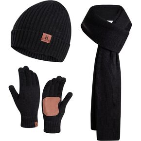 JTJFIT 3PCS In 1 Winter Warm Knit Beanie Hat+Long Scarf+Touchscreen Gloves Set with Knit Fleece Lined for Men
