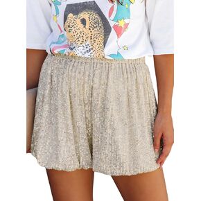 Dokotoo Womens Sequin Shorts High Waist Elastic Straight Leg Sparkle Casual Shorts for Women Trendy