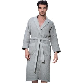 SEYANTE Men’s Waffle Robe w Piping Hooded Lightweight Cotton, Full Length Ultra Soft Spa Sleepwear Bathrobe Waffle Weave Robe