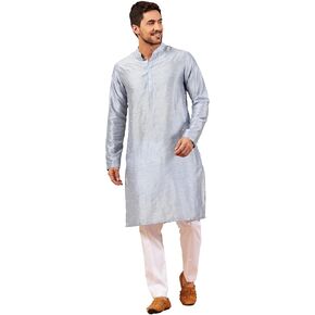 Hilo Design Blue Kurta with Dotted Machine Embroidery Mandarin Collar Indian Traditional Silk Kurta for Men in Saudi Arabia