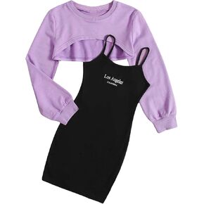 Floerns Girl's 2 Piece Outfit Letter Print Cami Bodycon Dress with Long Sleeve Top in Kuwait