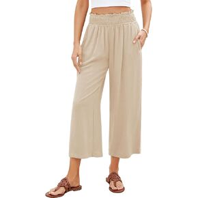 GRAPENT Capri Pants for Women High Waisted Wide Leg Linen Palazzo Trousers Pull On Elastic Smock Waist Loose Flowy Pants in Kuwait