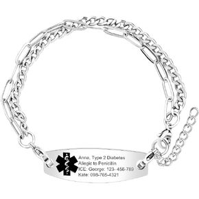 Uloveido Personalized Emergency Medical Alert Bracelet - Adjustable Two Layers Link Chain Bracelet for Women and Men in Kuwait