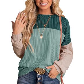 Dokotoo Womens Fashion 2024 Color Block Long Sleeve Crewneck Knitted Casual Loose Pullover Shirts Tops