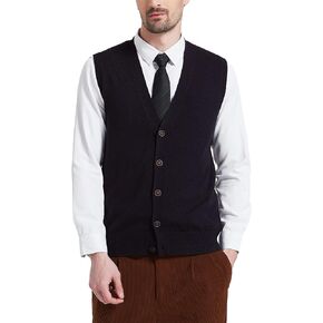 Kallspin Men's Sweater Vest Wool Blend V-Neck Button Sleeveless Cardigan Vest Sweater