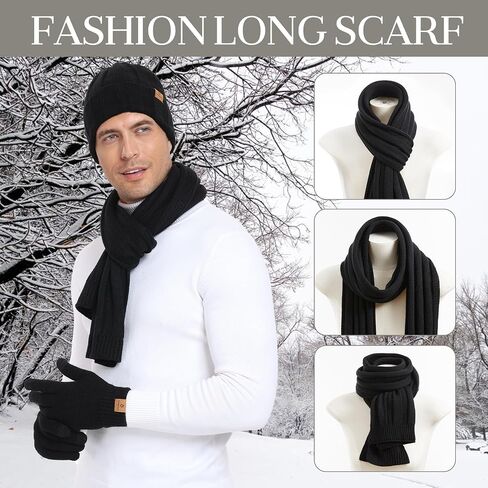 Coolprince Mens Winter Beanie Hat Long Scarf Touchscreen Gloves Set with Fleece Lined Warm Knit Skull Caps Neck for Men Women in Saudi Arabia