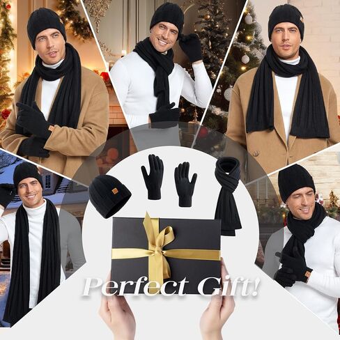 Coolprince Mens Winter Beanie Hat Long Scarf Touchscreen Gloves Set with Fleece Lined Warm Knit Skull Caps Neck for Men Women in Saudi Arabia