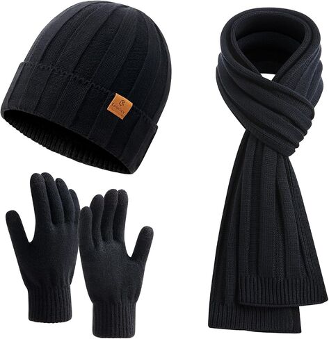 Coolprince Mens Winter Beanie Hat Long Scarf Touchscreen Gloves Set with Fleece Lined Warm Knit Skull Caps Neck for Men Women in Saudi Arabia