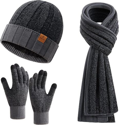 Coolprince Mens Winter Beanie Hat Long Scarf Touchscreen Gloves Set with Fleece Lined Warm Knit Skull Caps Neck for Men Women in Saudi Arabia
