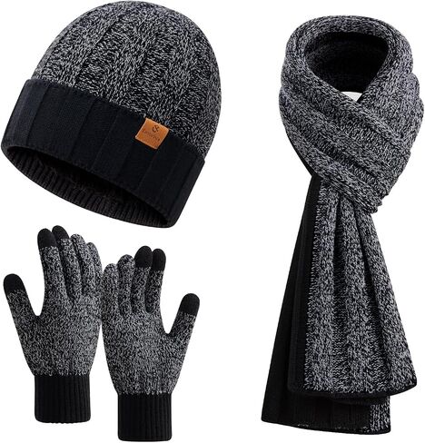 Coolprince Mens Winter Beanie Hat Long Scarf Touchscreen Gloves Set with Fleece Lined Warm Knit Skull Caps Neck for Men Women in Saudi Arabia