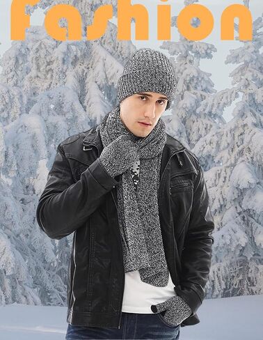 JTJFIT 3PCS In 1 Winter Warm Knit Beanie Hat+Long Scarf+Touchscreen Gloves Set with Knit Fleece Lined for Men in Saudi Arabia