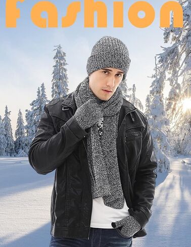 JTJFIT 3PCS In 1 Winter Warm Knit Beanie Hat+Long Scarf+Touchscreen Gloves Set with Knit Fleece Lined for Men in Saudi Arabia