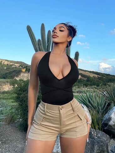 شورت نسائي كاجوال عالي الخصر من COZYEASE مع جيوب، شورت مرن ملائم للشارع in Kuwait