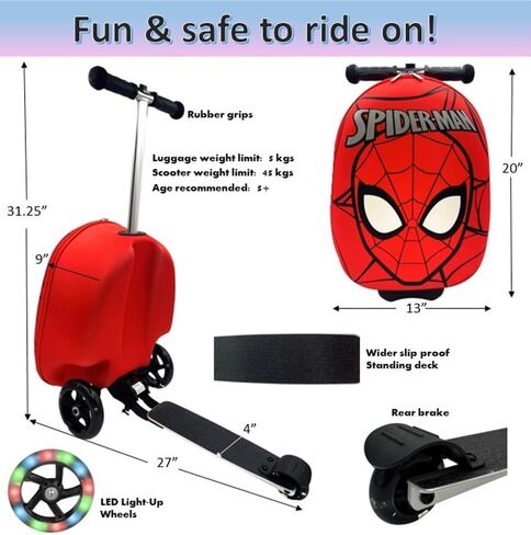 Fast Forward Kid’s Licensed 18" Ride-On Suitcase Scooter - Lightweight Carry-On Luggage Scooter With LED Light Up Wheels (Spider-Man) in Saudi Arabia