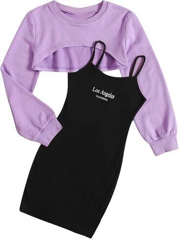 Floerns Girl's 2 Piece Outfit Letter Print Cami Bodycon Dress with Long Sleeve Top in Kuwait