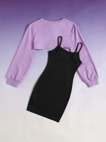 Floerns Girl's 2 Piece Outfit Letter Print Cami Bodycon Dress with Long Sleeve Top in Kuwait
