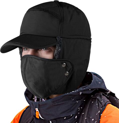 Winter Trapper Hat for Men, 3-in-1 Warm Hat with Ear Flaps & Removable Windproof Mask, Cold Weather Ushanka Hat for Outdoor Skiing Cycling Hunting Fishing Black in Kuwait