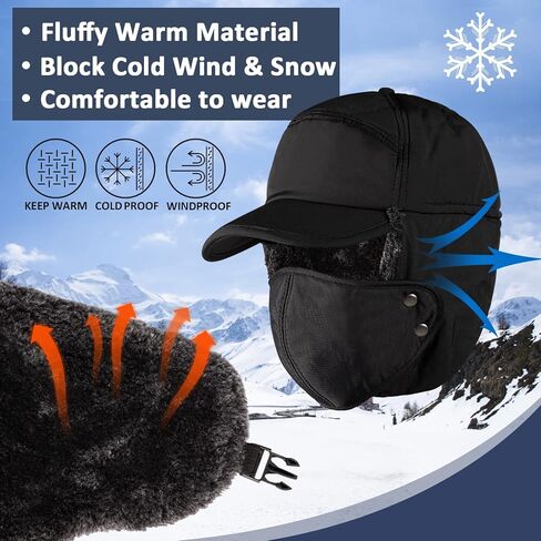 Winter Trapper Hat for Men, 3-in-1 Warm Hat with Ear Flaps & Removable Windproof Mask, Cold Weather Ushanka Hat for Outdoor Skiing Cycling Hunting Fishing Black in Kuwait