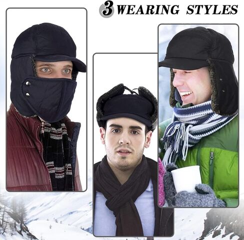 Winter Trapper Hat for Men, 3-in-1 Warm Hat with Ear Flaps & Removable Windproof Mask, Cold Weather Ushanka Hat for Outdoor Skiing Cycling Hunting Fishing Black in Kuwait