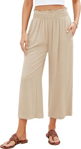 GRAPENT Capri Pants for Women High Waisted Wide Leg Linen Palazzo Trousers Pull On Elastic Smock Waist Loose Flowy Pants in Kuwait