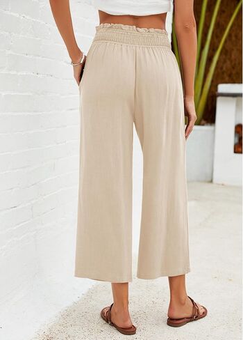 GRAPENT Capri Pants for Women High Waisted Wide Leg Linen Palazzo Trousers Pull On Elastic Smock Waist Loose Flowy Pants in Kuwait