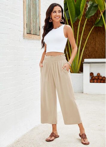 GRAPENT Capri Pants for Women High Waisted Wide Leg Linen Palazzo Trousers Pull On Elastic Smock Waist Loose Flowy Pants in Kuwait