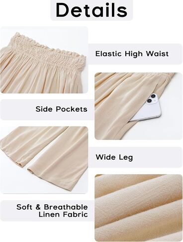GRAPENT Capri Pants for Women High Waisted Wide Leg Linen Palazzo Trousers Pull On Elastic Smock Waist Loose Flowy Pants in Kuwait