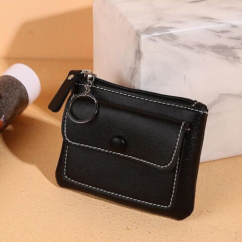 Fashionable Zippered Card Holder Wallet with Keyring - Double layer Coin Purse for Men Women-Black in Kuwait