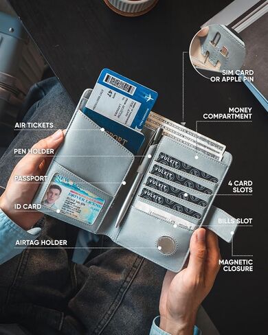 محفظة جواز السفر VULKIT متوافقة مع حامل بطاقات Airtag RFID وحامل بطاقات السفر ثنائي الطي للرجال والنساء (أسود) in Kuwait