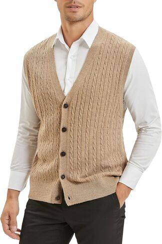 Kallspin Men's Cable Knit Sweater Vest Wool Blend V Neck Button Down Sleeveless Cardigan in Saudi Arabia