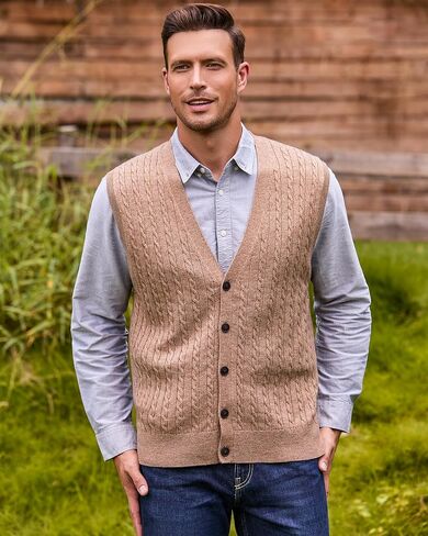Kallspin Men's Cable Knit Sweater Vest Wool Blend V Neck Button Down Sleeveless Cardigan in Saudi Arabia